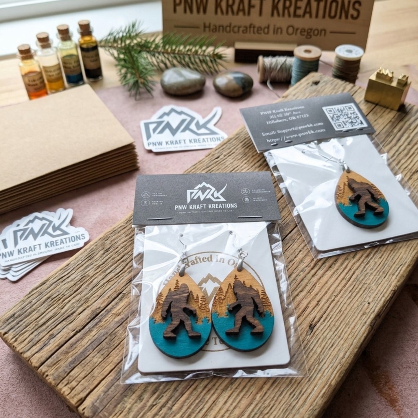 Bigfoot Wooden Dangle Earrings – Sasquatch Multilayer Forest Design, Lightweight & Hypoallergenic Jewelry