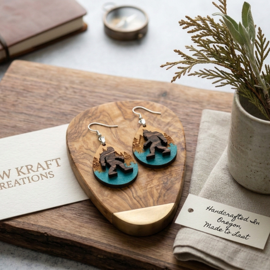 Bigfoot Wooden Dangle Earrings – Sasquatch Multilayer Forest Design, Lightweight & Hypoallergenic Jewelry