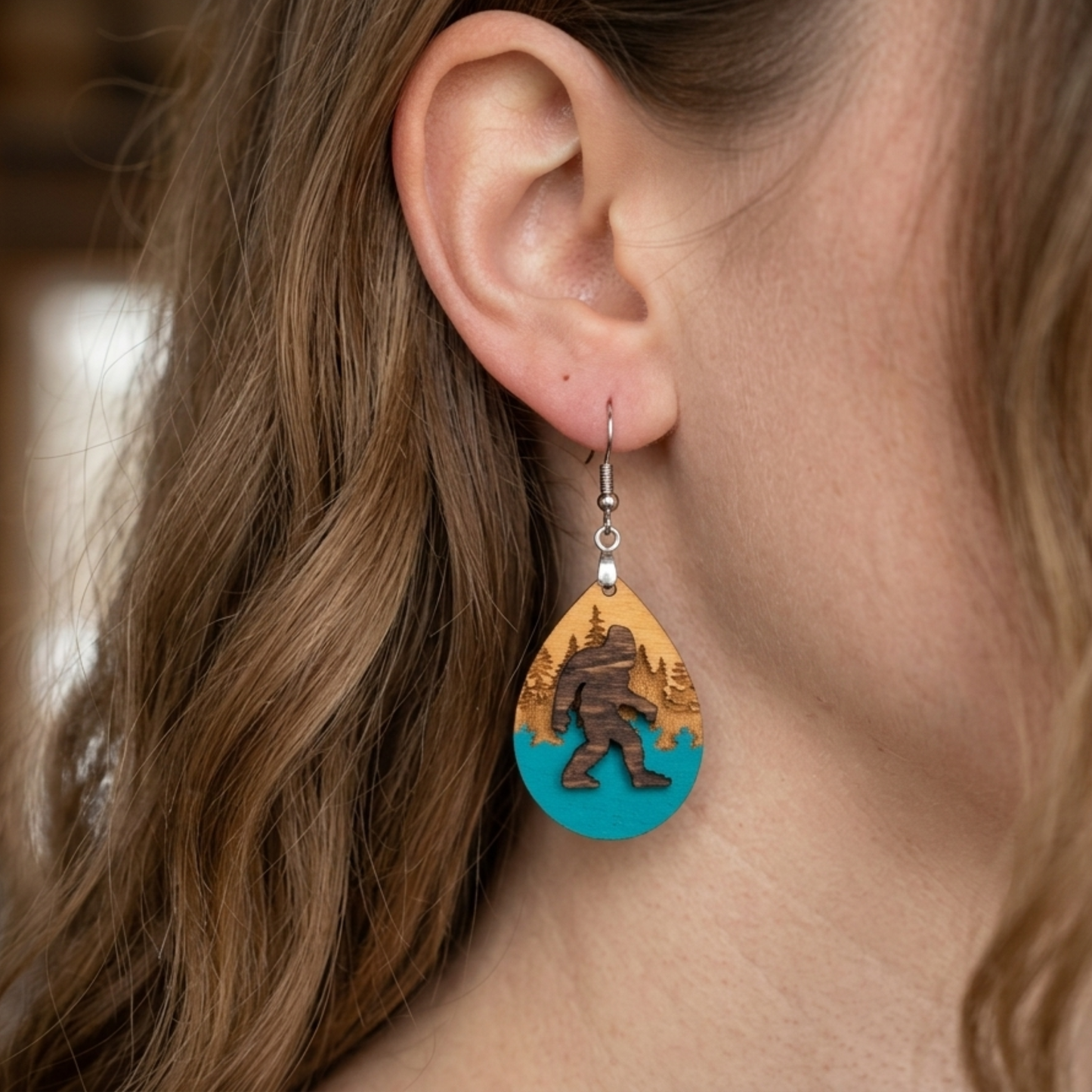 Bigfoot Wooden Dangle Earrings – Sasquatch Multilayer Forest Design, Lightweight & Hypoallergenic Jewelry