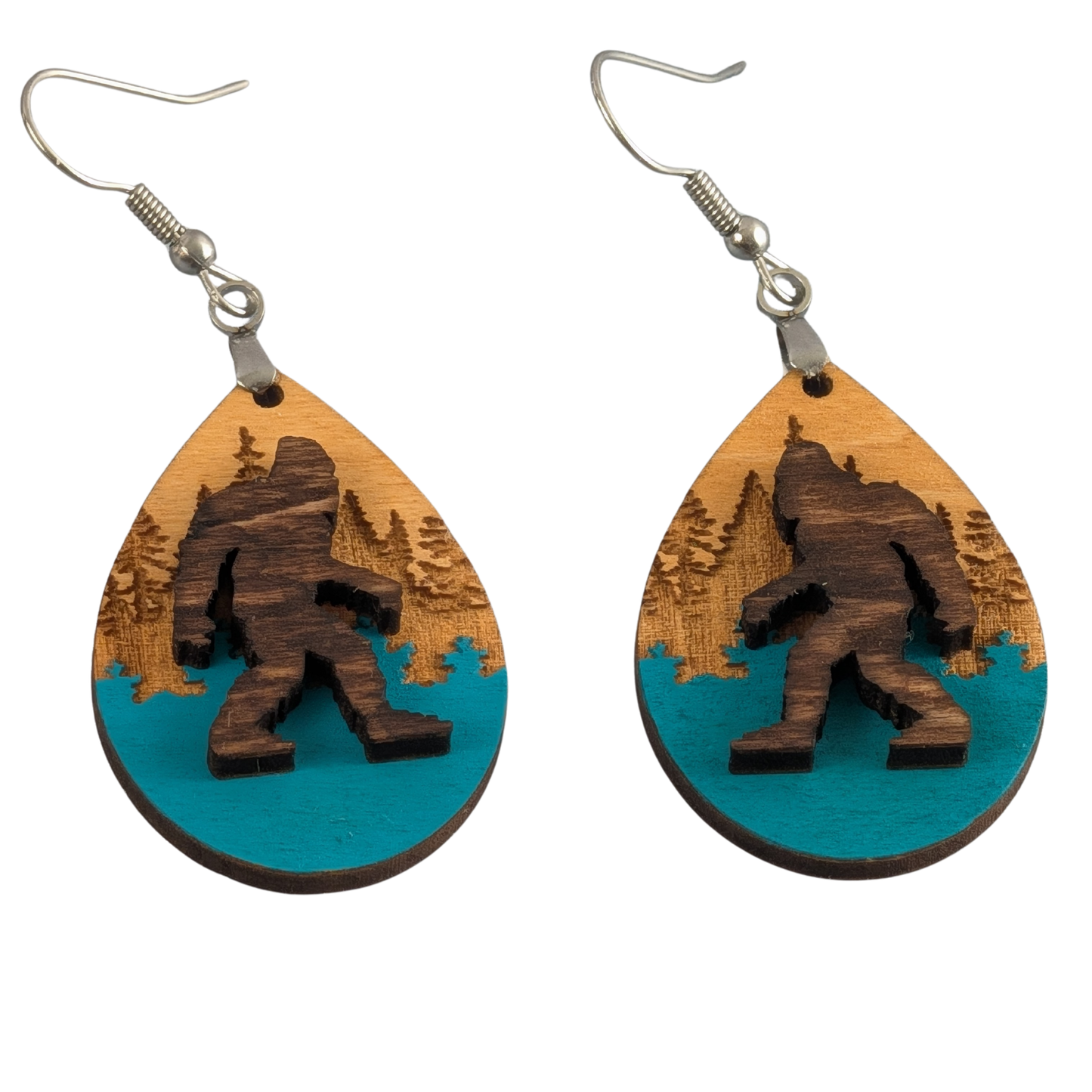 Bigfoot Wooden Dangle Earrings – Sasquatch Multilayer Forest Design, Lightweight & Hypoallergenic Jewelry