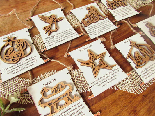 Nativity Scripture Scroll Ornament Set, Bible Verse Christmas Decor, Wood Nativity Scene Ornaments, Christian Holiday Gift, Set of 8