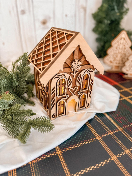 Vintage Wooden Gingerbread House with Fairy Lights | Christmas Village Decor | Holiday Mantel Decoration | Vintage Christmas Decor