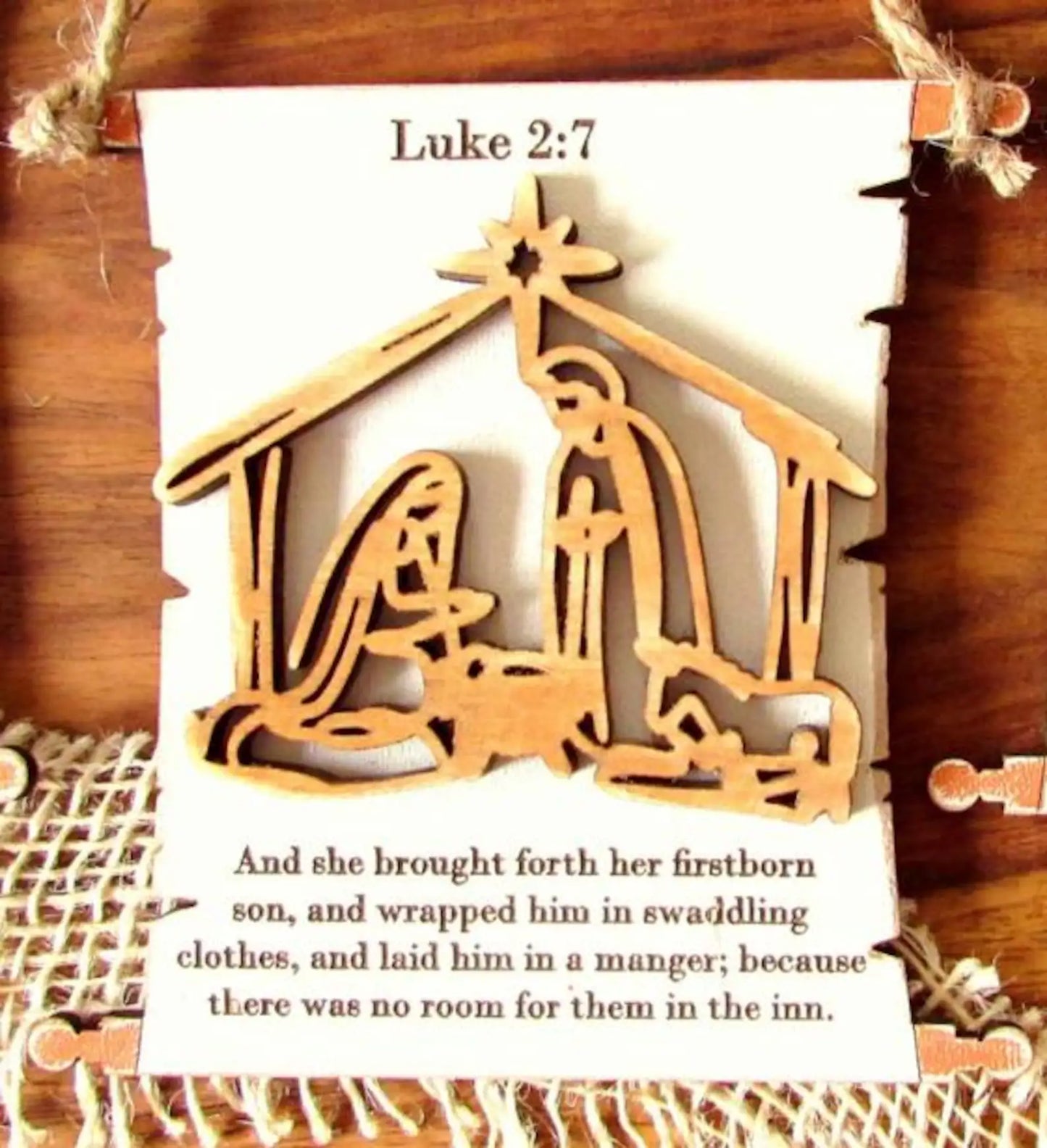 Nativity Scripture Scroll Ornament Set, Bible Verse Christmas Decor, Wood Nativity Scene Ornaments, Christian Holiday Gift, Set of 8