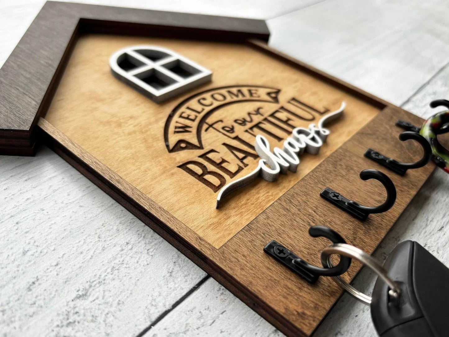 Entryway Wall Key Holder Wooden Storage Organizer House Shaped Design Handcrafted Oregon Made Baltic Birch Construction Wall Mount System Holds Four Key Sets Rustic Home Organization Solution Pacific Northwest Style Artisan Quality