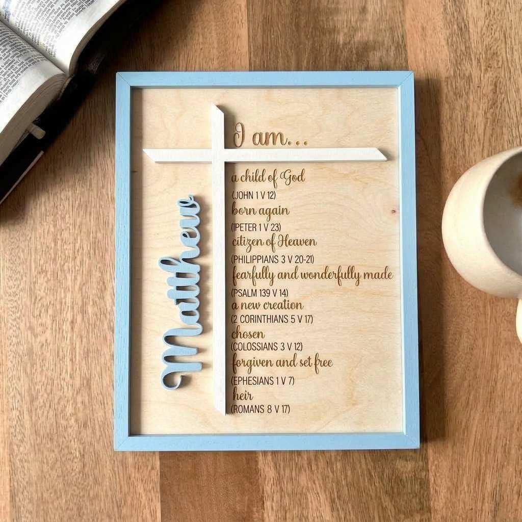 Layered Wood Cross Sign Custom Bible Verse Scripture Wall Art Personalized Child Name Religious Nursery Enhancement Child Of God Message Faith Based Room Design Baptism Christening Gift Boy First Communion Present Confirmation Keepsake