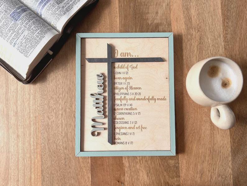 Child Of God Wood Sign Personalized Name Cross Design Bible Verse Scripture Wall Hanging Faith Based Nursery Art Baptism Christening Gift Boy Religious Milestone Keepsake Layered Wood Construction First Communion Confirmation Present