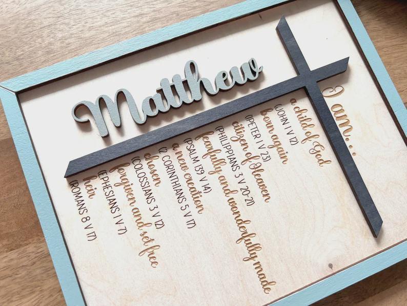 Bible Verse Wall Art Personalized Wood Cross Sign Custom Child Name Religious Nursery Enhancement Child Of God Scripture Design Layered Wood Construction Baptism Christening Gift Boy First Communion Confirmation Present Faith Based Room