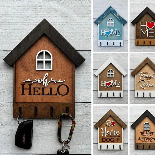 Wall Key Holder Wooden Organizer Handmade House Shaped Design Oregon Crafted Baltic Birch Wood Construction Entryway Wall Mount Storage System Holds Four Key Sets Rustic Farmhouse Style Home Organization Solution Pacific Northwest Inspired