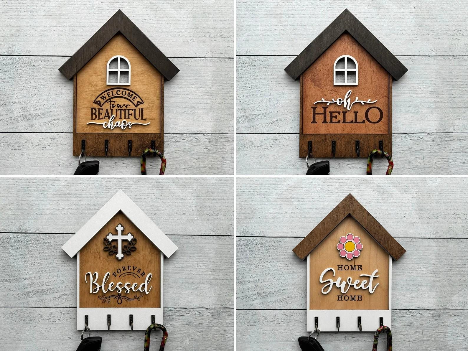 Wooden Key Organizer Wall Holder Handmade Oregon Crafted House Shaped Design Entryway Storage Solution Baltic Birch Wood Construction Wall Mount System Holds Four Key Sets Rustic Farmhouse Organization Pacific Northwest Inspired Artisan