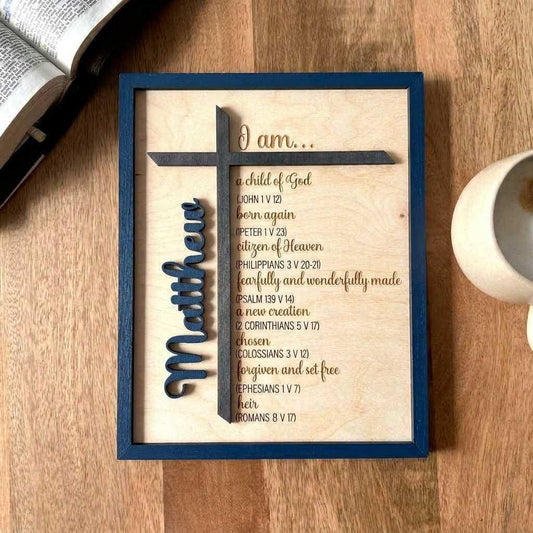 Personalized Baptism Present Boy Custom Name Wood Cross Sign Child Of God Bible Verse Scripture Wall Hanging Religious Nursery Room Enhancement Layered Wood Construction Meaningful Christening Keepsake First Communion Confirmation Gift