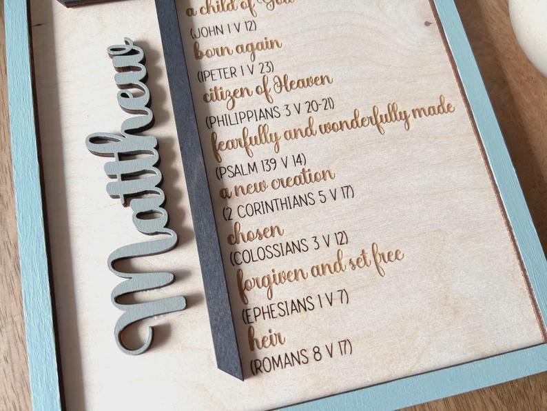 Custom Name Religious Sign Personalized Wood Cross Child Of God Bible Verse Wall Hanging Baptism Gift Boy Christening Present Faith Based Nursery Room Enhancement Scripture Art Design First Communion Confirmation Keepsake Layered Wood